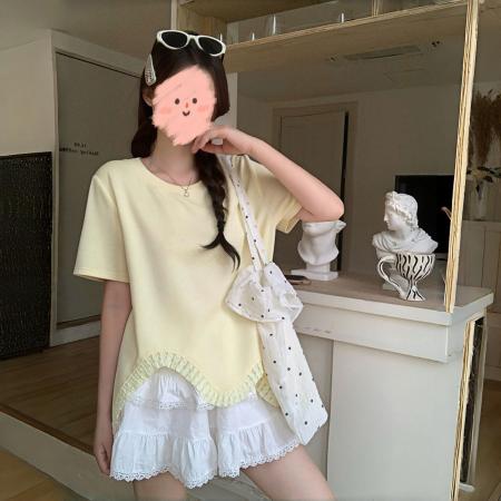 BY24673# 人棉空气层夏季新款宽松不规则下摆流苏圆领短袖t恤  服裝批發女裝批發服飾貨源