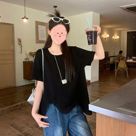 BY24673# 人棉空气层夏季新款宽松不规则下摆流苏圆领短袖t恤  服裝批發女裝批發服飾貨源