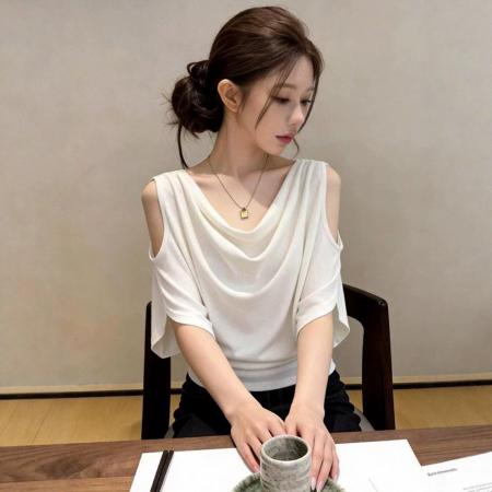 BY24674# 随心裁夏季新款遮肉显瘦法式露肩荡领短袖t恤  服裝批發女裝批發服飾貨源