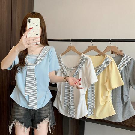 BY24675# 棉夏季新款假两件拼接条纹披肩短袖T恤女  服裝批發女裝批發服飾貨源