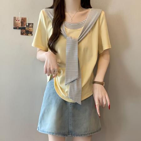 BY24675# 棉夏季新款假两件拼接条纹披肩短袖T恤女  服裝批發女裝批發服飾貨源