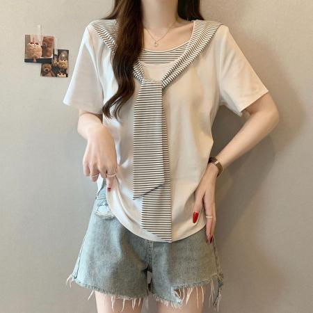 BY24675# 棉夏季新款假两件拼接条纹披肩短袖T恤女  服裝批發女裝批發服飾貨源