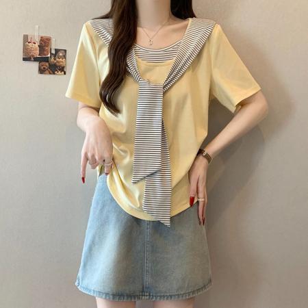 BY24675# 棉夏季新款假两件拼接条纹披肩短袖T恤女  服裝批發女裝批發服飾貨源