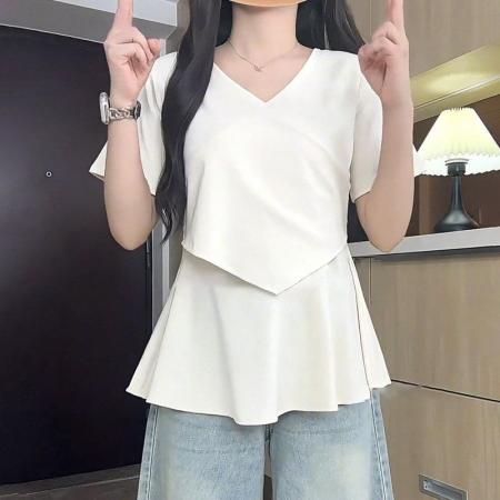 BY24676# 棉夏季新款荷叶边遮肚宽松休闲V领上衣  服裝批發女裝批發服飾貨源