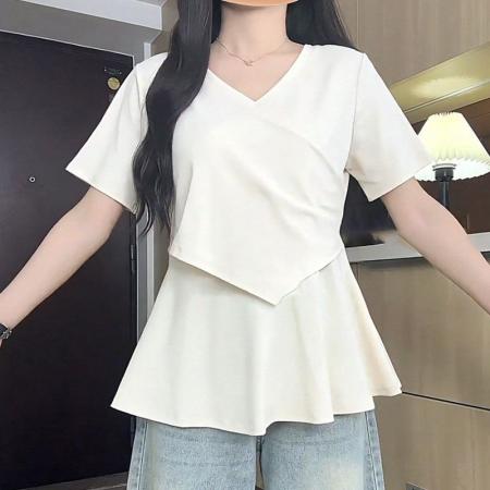 BY24676# 棉夏季新款荷叶边遮肚宽松休闲V领上衣  服裝批發女裝批發服飾貨源
