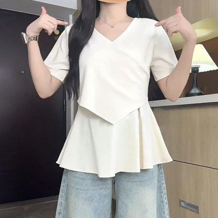 BY24676# 棉夏季新款荷叶边遮肚宽松休闲V领上衣  服裝批發女裝批發服飾貨源