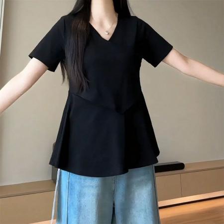 BY24676# 棉夏季新款荷叶边遮肚宽松休闲V领上衣  服裝批發女裝批發服飾貨源