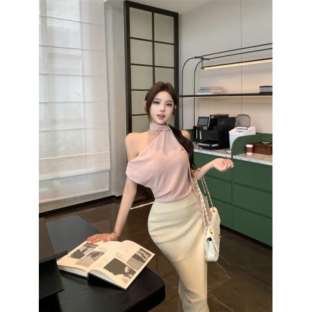 BY24677# 夏季性感通勤飘带无袖雪纺上衣高腰包臀半身裙套装女  服裝批發女裝批發服飾貨源