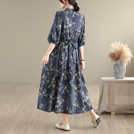 BY24678# 棉麻印花V领宽松大码胖MM连衣裙  服裝批發女裝批發服飾貨源