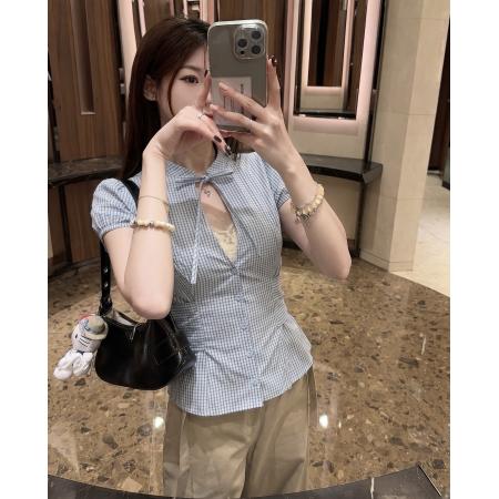BY24682# 大码韩系格子短袖衬衫夏季新款时尚百搭蝴蝶结系带收腰上衣  服裝批發女裝批發服飾貨源