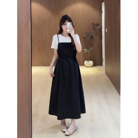 BY24685# 大码女装假两件工装抽绳设计连衣裙胖MM夏季新款宽松A字长裙  服裝批發女裝批發服飾貨源