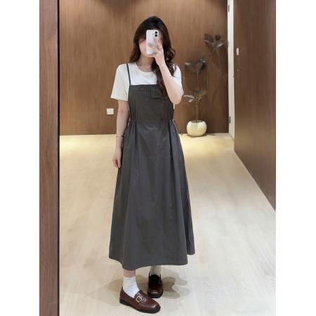 BY24685# 大码女装假两件工装抽绳设计连衣裙胖MM夏季新款宽松A字长裙  服裝批發女裝批發服飾貨源