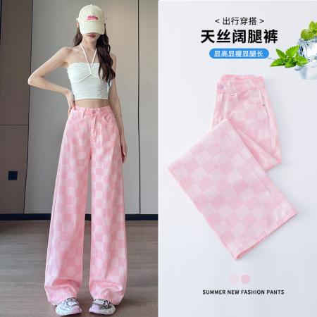 BY24687# 粉色天丝方格直筒牛仔裤女夏薄款高腰宽松显瘦冰丝垂感阔腿裤  服裝批發女裝批發服飾貨源