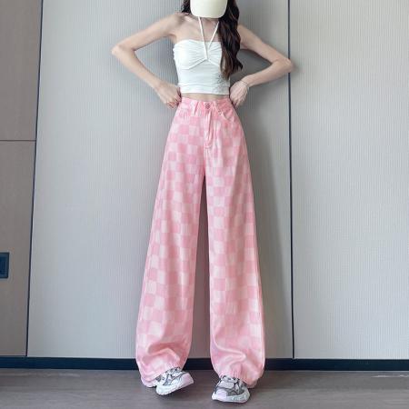 BY24687# 粉色天丝方格直筒牛仔裤女夏薄款高腰宽松显瘦冰丝垂感阔腿裤  服裝批發女裝批發服飾貨源
