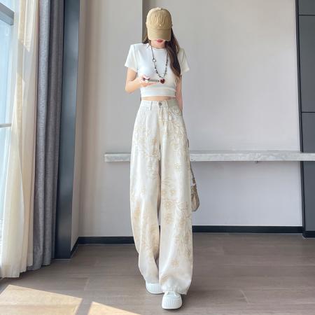 BY24691# 杏色涂鸦印花阔腿牛仔裤女夏季新款宽松高腰显瘦垂感直筒裤子  服裝批發女裝批發服飾貨源