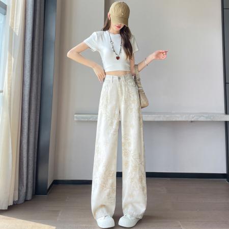 BY24691# 杏色涂鸦印花阔腿牛仔裤女夏季新款宽松高腰显瘦垂感直筒裤子  服裝批發女裝批發服飾貨源