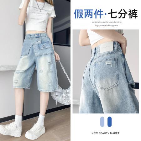 BY24693# 假两件破洞五分牛仔裤女夏季新款韩版高腰宽松阔腿裤短裤  服裝批發女裝批發服飾貨源