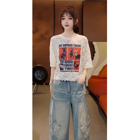 BY24706# 蕾丝萌宠夏季时尚高定绣花蕾丝舒适短袖T恤上衣  服裝批發女裝批發服飾貨源