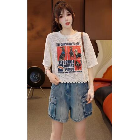 BY24706# 蕾丝萌宠夏季时尚高定绣花蕾丝舒适短袖T恤上衣  服裝批發女裝批發服飾貨源