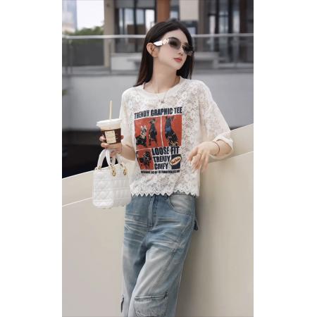 BY24706# 蕾丝萌宠夏季时尚高定绣花蕾丝舒适短袖T恤上衣  服裝批發女裝批發服飾貨源