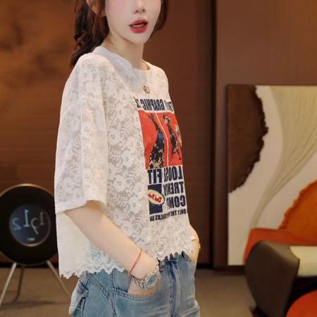 BY24706# 蕾丝萌宠夏季时尚高定绣花蕾丝舒适短袖T恤上衣  服裝批發女裝批發服飾貨源