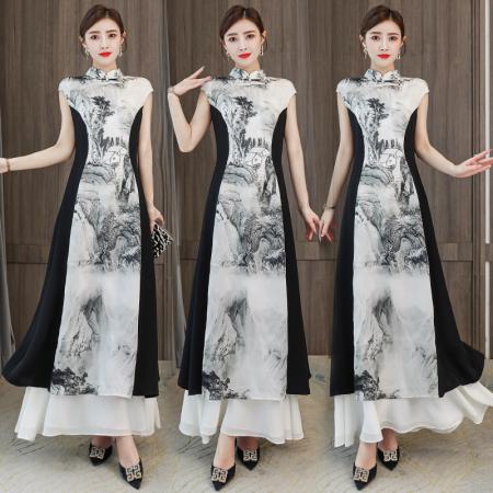 BY24708# 夏季新品中式国风女连衣裙气质修身舒适改良旗袍宽松a字长裙  服裝批發女裝批發服飾貨源