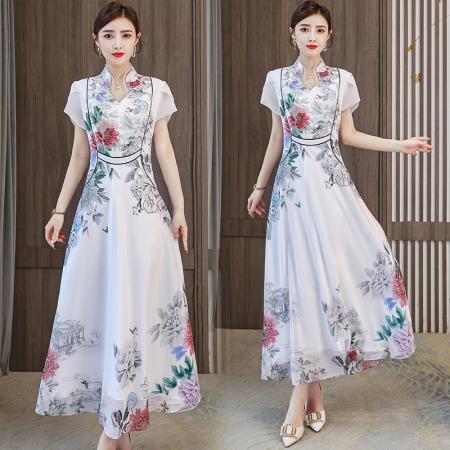 BY24709# 夏季新品民族风改良旗袍连衣裙立领短袖印花长连衣裙仙女裙  服裝批發女裝批發服飾貨源