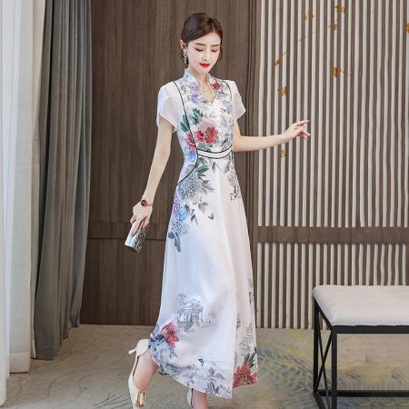 BY24709# 夏季新品民族风改良旗袍连衣裙立领短袖印花长连衣裙仙女裙  服裝批發女裝批發服飾貨源