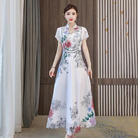 BY24709# 夏季新品民族风改良旗袍连衣裙立领短袖印花长连衣裙仙女裙  服裝批發女裝批發服飾貨源