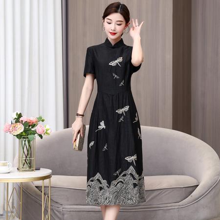 BY24711# 香云纱连衣裙女夏季高端新款刺绣龟纹桑蚕丝真丝气质修身  服裝批發女裝批發服飾貨源