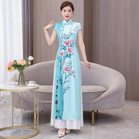 BY24713# 新款走秀奥黛改良旗袍气质高端中国风舞蹈演出服长款连衣裙  服裝批發女裝批發服飾貨源