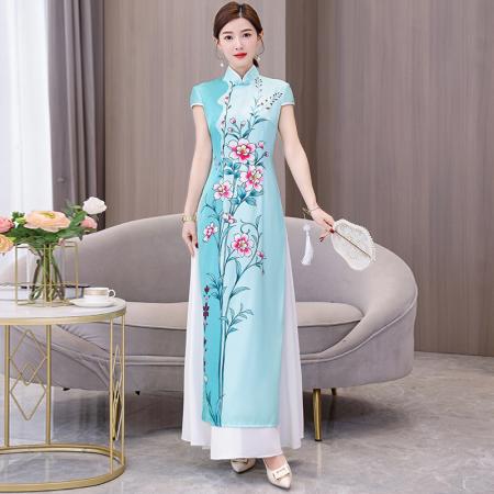 BY24713# 新款走秀奥黛改良旗袍气质高端中国风舞蹈演出服长款连衣裙  服裝批發女裝批發服飾貨源