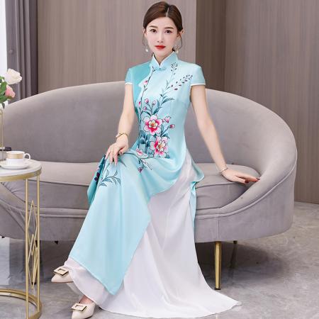 BY24713# 新款走秀奥黛改良旗袍气质高端中国风舞蹈演出服长款连衣裙  服裝批發女裝批發服飾貨源