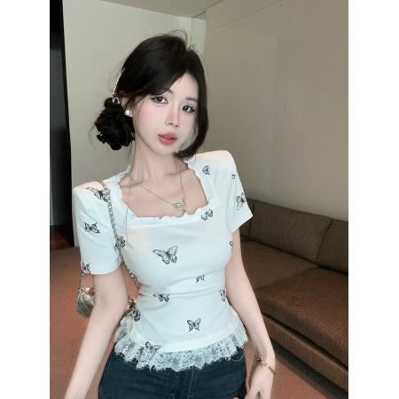 BY24726# 蕾丝拼接短袖t恤女夏季修身显瘦百搭蝴蝶印花垫肩上衣女  服裝批發女裝批發服飾貨源