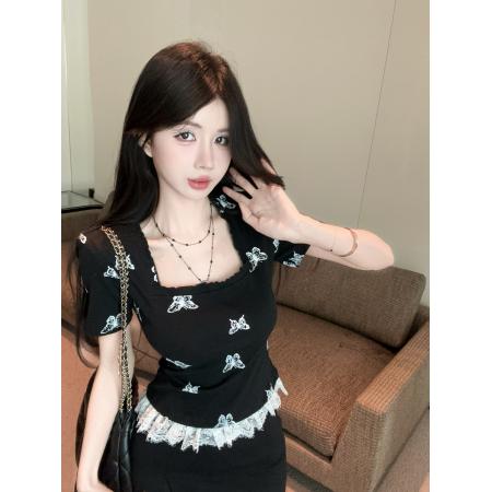 BY24726# 蕾丝拼接短袖t恤女夏季修身显瘦百搭蝴蝶印花垫肩上衣女  服裝批發女裝批發服飾貨源