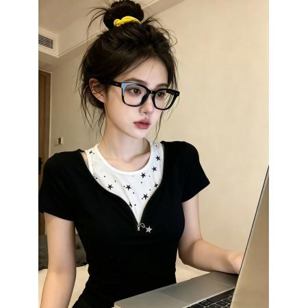 BY24731# 黑色正肩假两件短袖T恤女夏穿搭波点韩系设计感漂亮上衣  服裝批發女裝批發服飾貨源