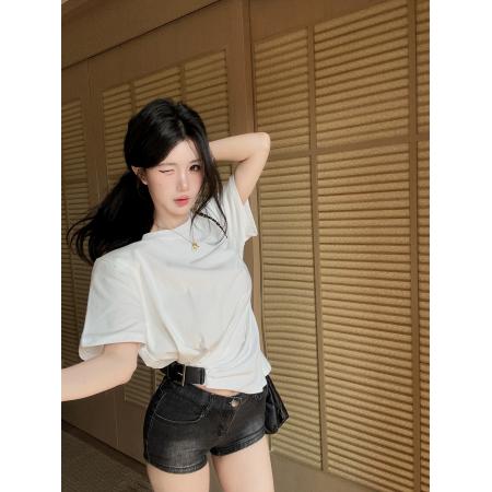 BY24732# 不规则褶皱皮带收腰正肩短袖T恤女夏季设计感修身上衣女  服裝批發女裝批發服飾貨源