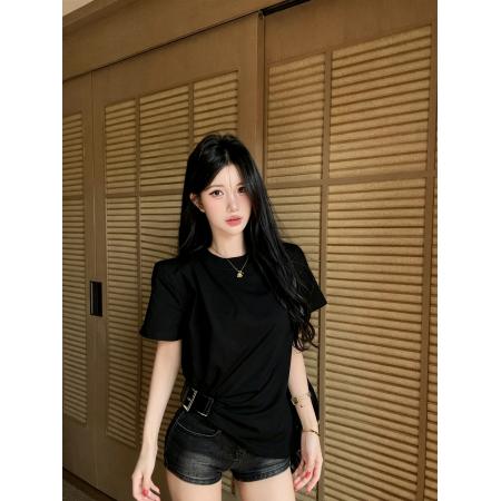 BY24732# 不规则褶皱皮带收腰正肩短袖T恤女夏季设计感修身上衣女  服裝批發女裝批發服飾貨源