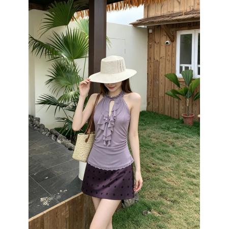 BY24734# 纯欲紫色挂脖吊带女夏设计感辣妹无袖上衣波点半身裙套装  服裝批發女裝批發服飾貨源