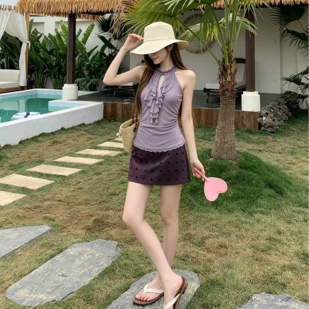 BY24734# 纯欲紫色挂脖吊带女夏设计感辣妹无袖上衣波点半身裙套装  服裝批發女裝批發服飾貨源