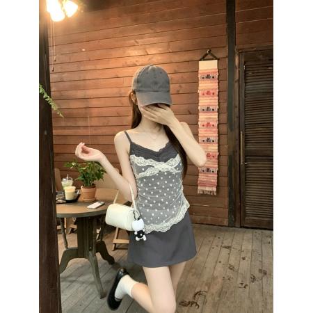 BY24736# 法式气质吊带薄款设计感蕾丝拼接背心女夏外穿无袖上衣  服裝批發女裝批發服飾貨源