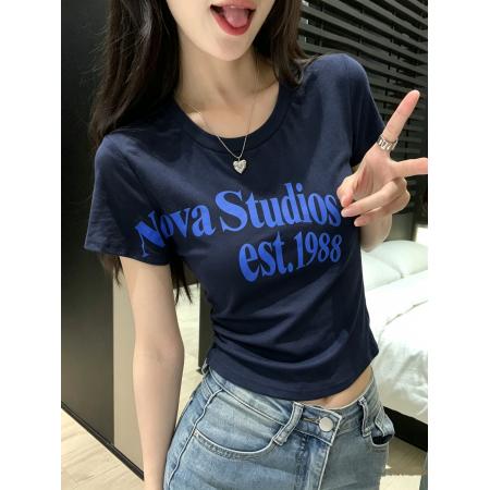 BY24737# 棉麻字母印花正肩短袖T恤夏季韩版修身显瘦休闲百搭上衣  服裝批發女裝批發服飾貨源
