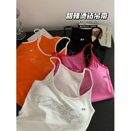 BY24738# 烫钻吊带背心女夏季新款带胸垫外穿纯欲短款无袖上衣  服裝批發女裝批發服飾貨源