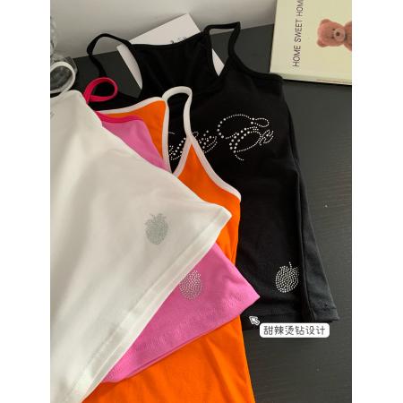 BY24738# 烫钻吊带背心女夏季新款带胸垫外穿纯欲短款无袖上衣  服裝批發女裝批發服飾貨源