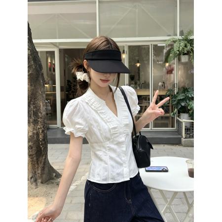 BY24739# V领收腰短袖衬衫女夏荷叶边小衫泡泡袖甜美上衣  服裝批發女裝批發服飾貨源