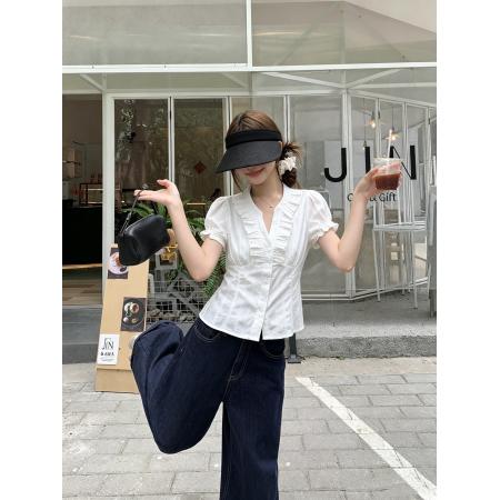 BY24739# V领收腰短袖衬衫女夏荷叶边小衫泡泡袖甜美上衣  服裝批發女裝批發服飾貨源