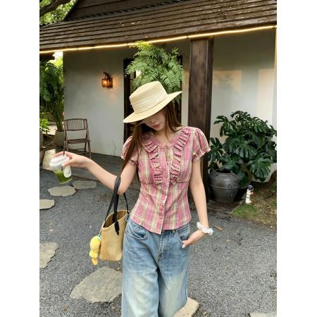 BY24739# V领收腰短袖衬衫女夏荷叶边小衫泡泡袖甜美上衣  服裝批發女裝批發服飾貨源
