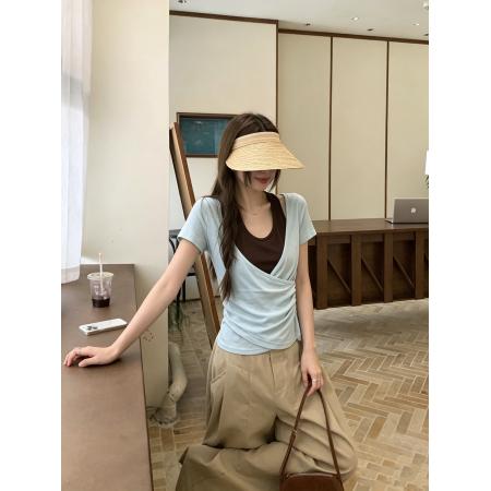 BY24740# 韩系交叉扭结假两件挂脖短袖t恤女撞色拼接修身显瘦上衣  服裝批發女裝批發服飾貨源