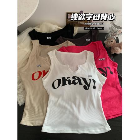 BY24745# 夏季V领字母印花无袖背心女纯欲辣妹修身显瘦百搭上衣潮  服裝批發女裝批發服飾貨源
