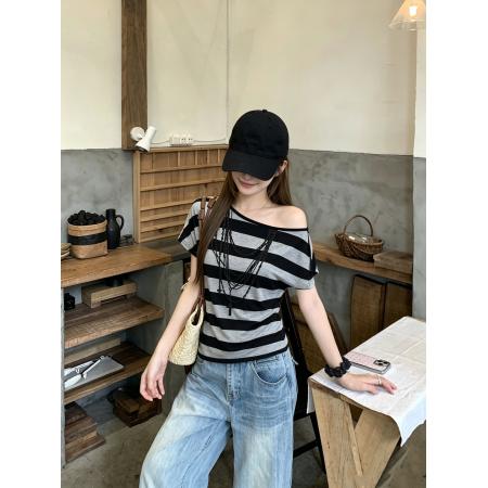 BY24746# 反叛人生天丝羊毛条纹印花斜肩蝙蝠袖T恤女夏显瘦短袖  服裝批發女裝批發服飾貨源